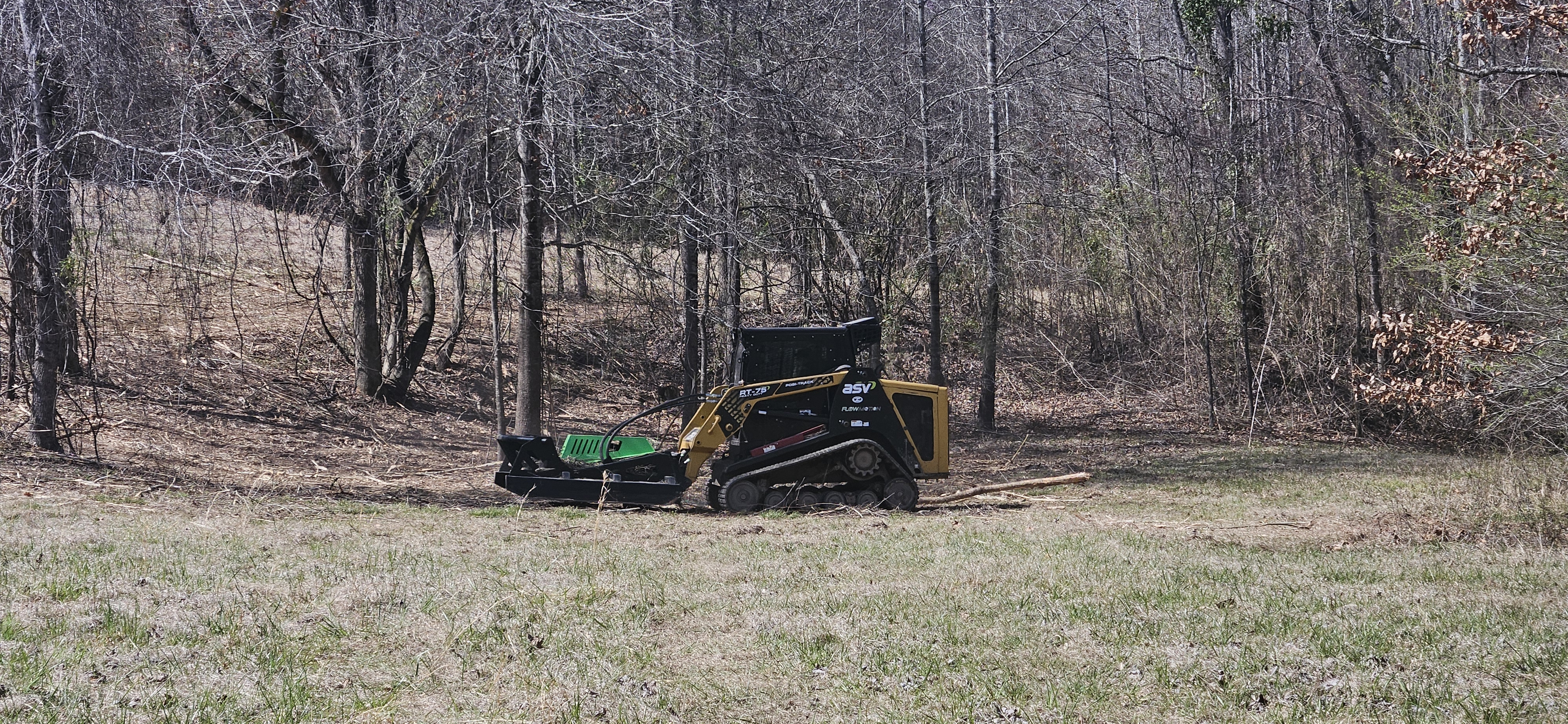 ASV RT-75 skid steer with rotary brush cutter in action clearing land
